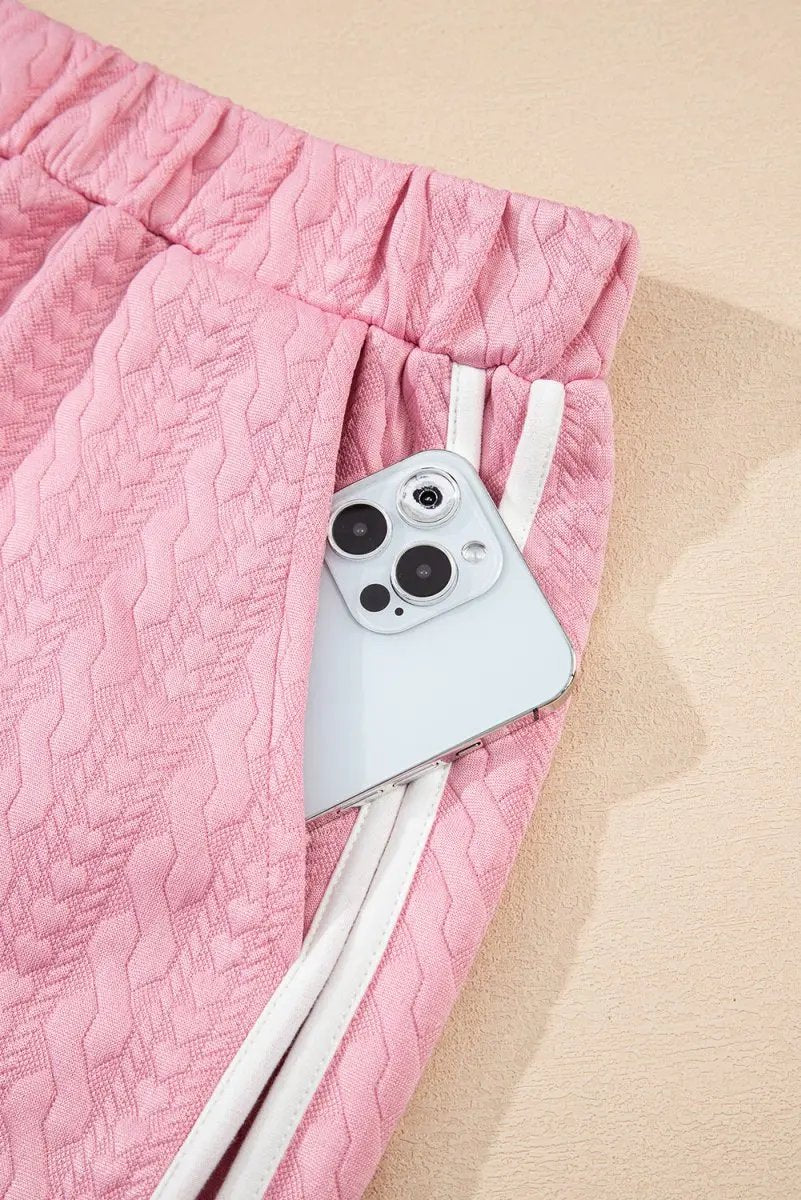 Pink Contrast Trim Textured Crewneck Tee And Pocketed Skirt Set - Love Salve